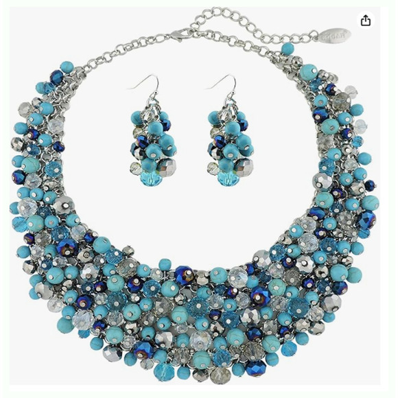 NEW  Blue Turquoise Necklace Set Rhinestones Beaded Collar  Drop Earrings  Fancy - Picture 1 of 8